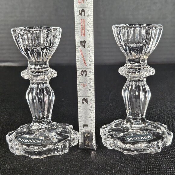 Boxed Pair Of Shannon by Godinger Atlantic 4" Tall Clear Candlesticks Tableware - Picture 8 of 11